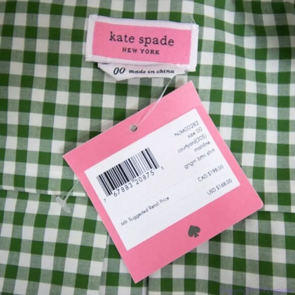 NWT kate spade mini gingham button-front shirt, Green‎ & White